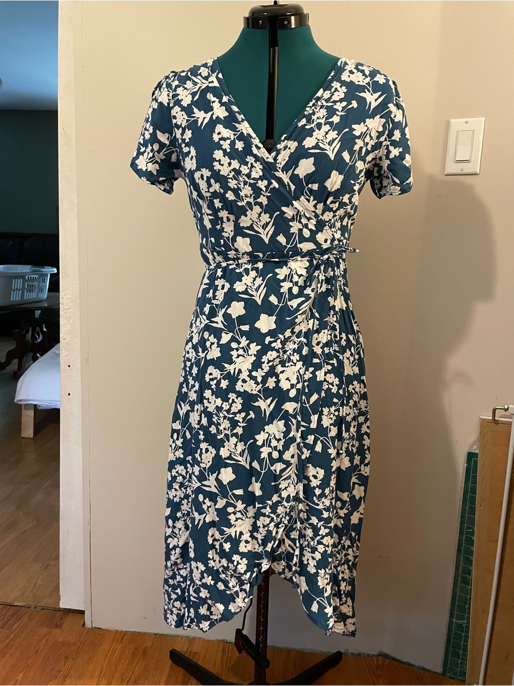 George Teal and White Floral Wrap Midi Dress